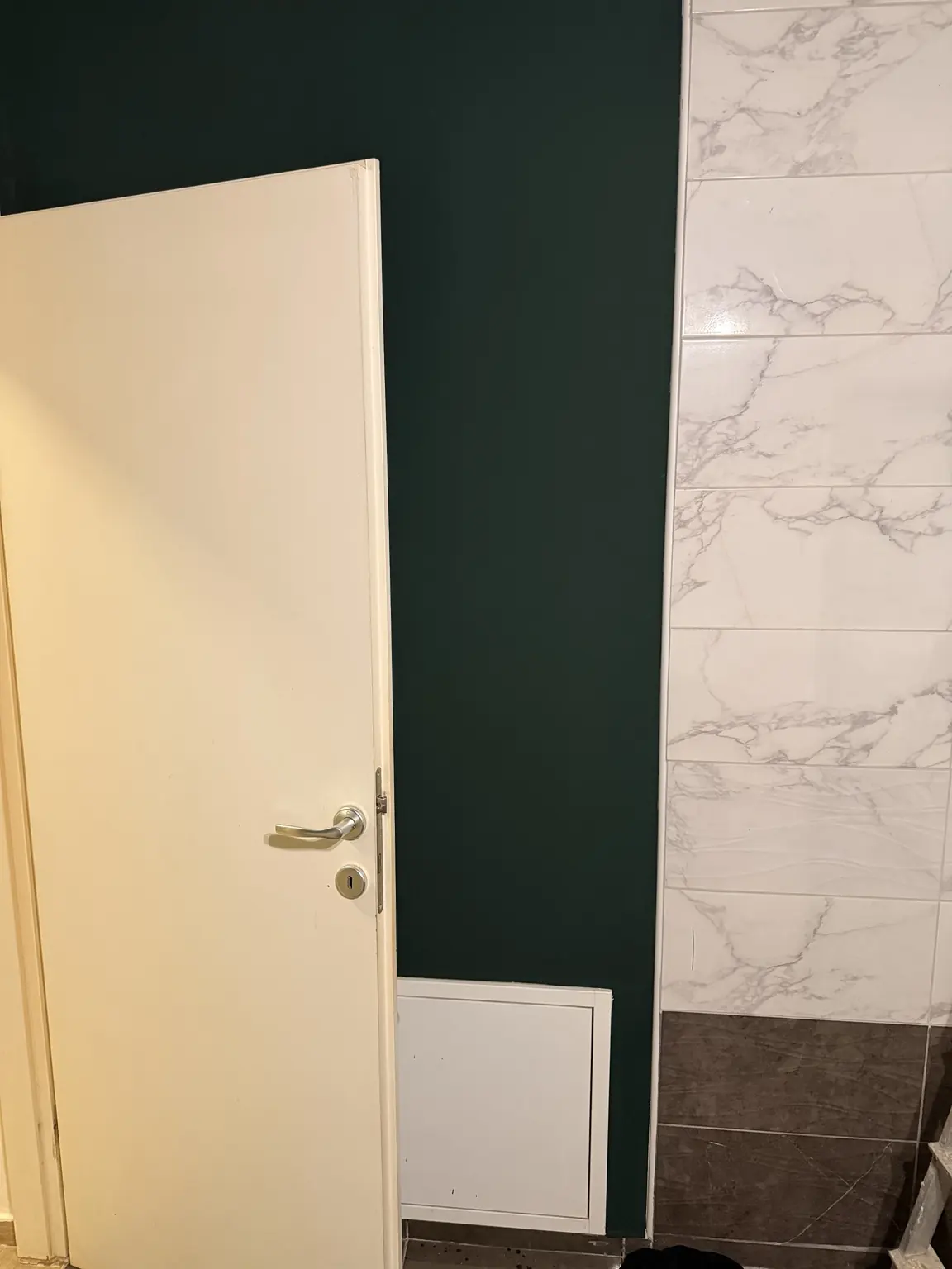 Detalj vrata, tamno zelenog zida i postojeće keramike nakon vizualnog osvježenja kupaonice u Osijeku.